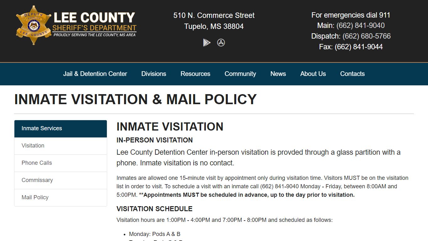 Inmate Visitation - Lee County Sheriff's Department Tupelo, MS